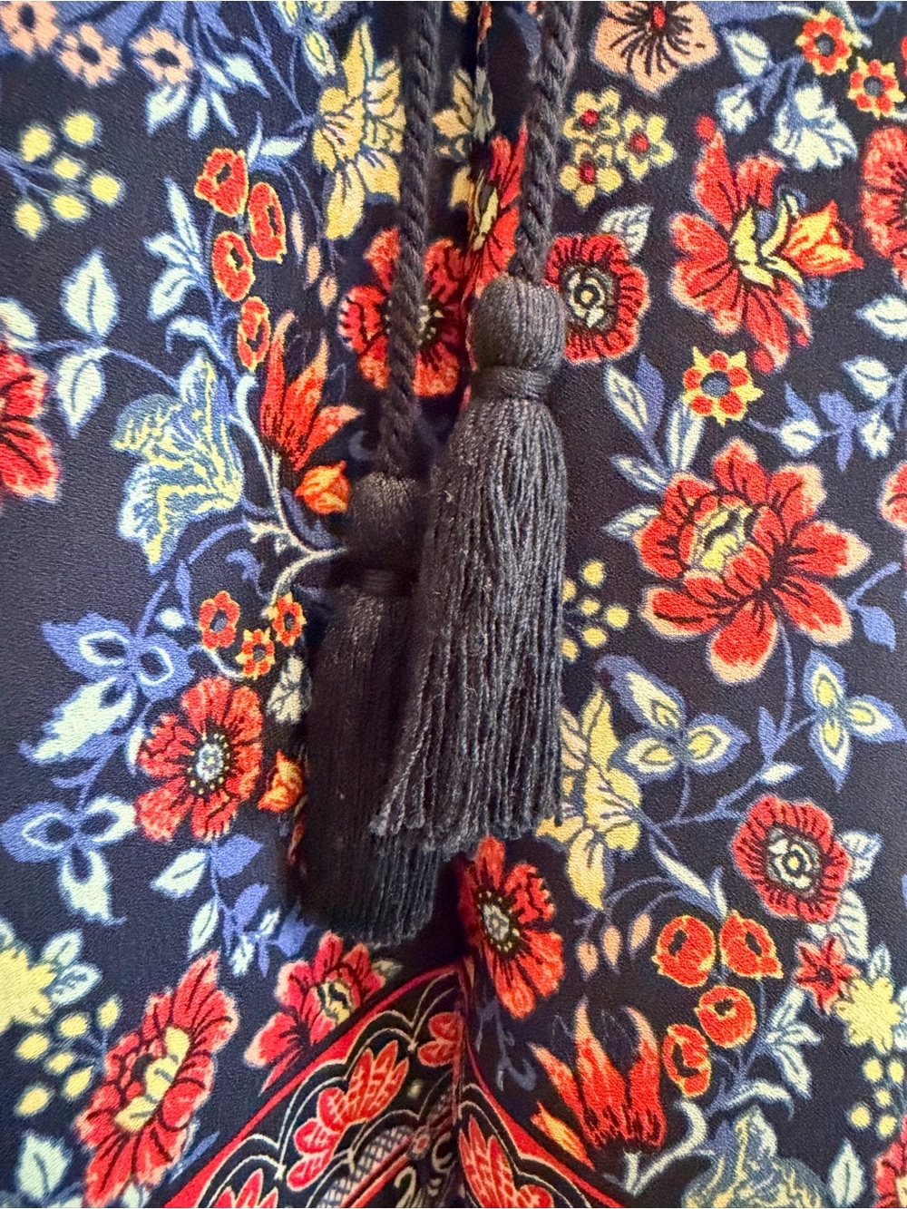 Xhilaration Navy Floral Boho Mini Dress Tassel Tie Smocked Pockets XS - Picture 5 of 16